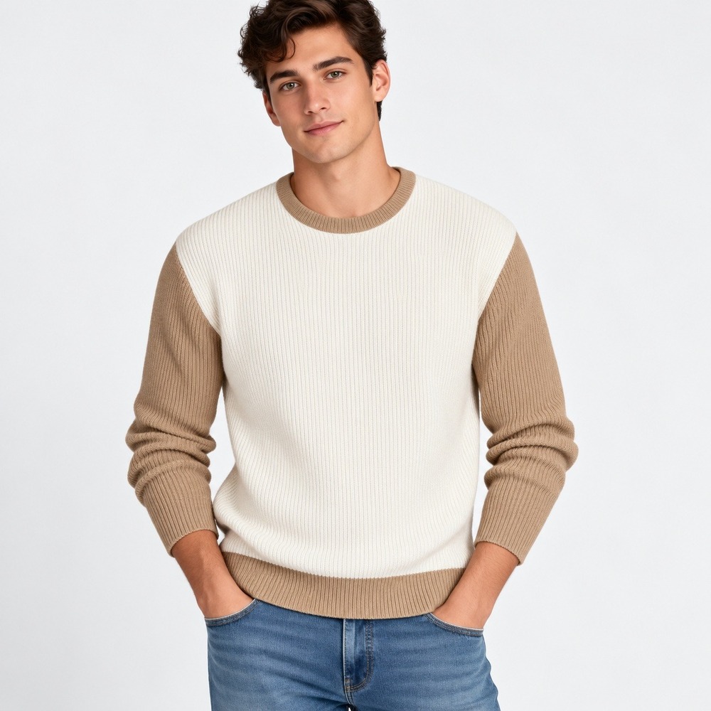 Express Ribbed Sweater Mens XS Cream Tan Colorblock Crew Neck Long Sleeve